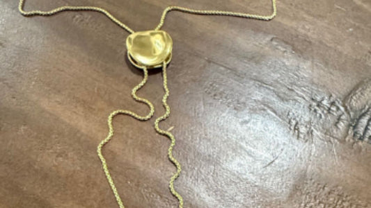A stainless steel gold disc drop lariat at bubs &amp; sass
