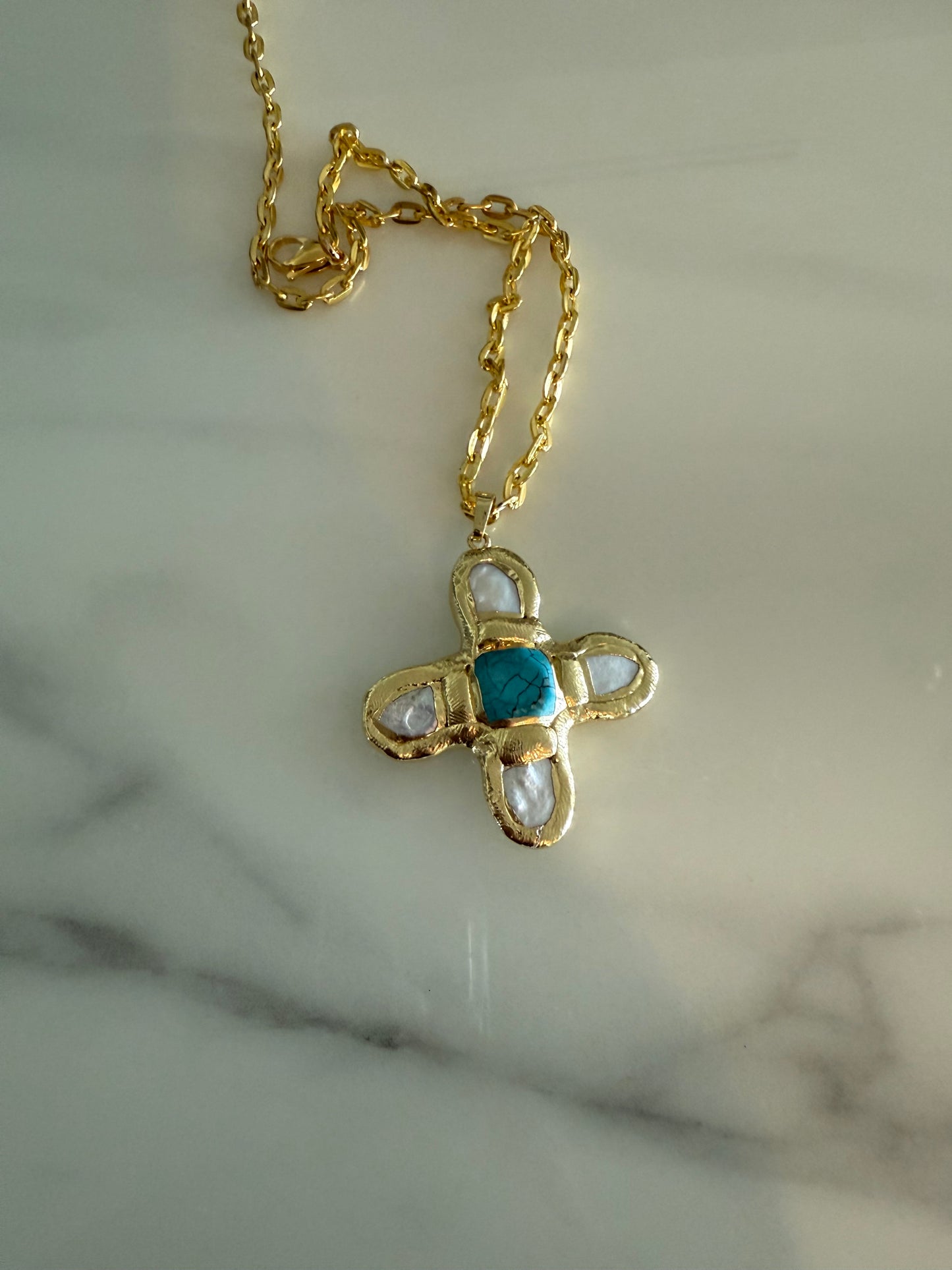 pearl and turquoise chunky cross pendant