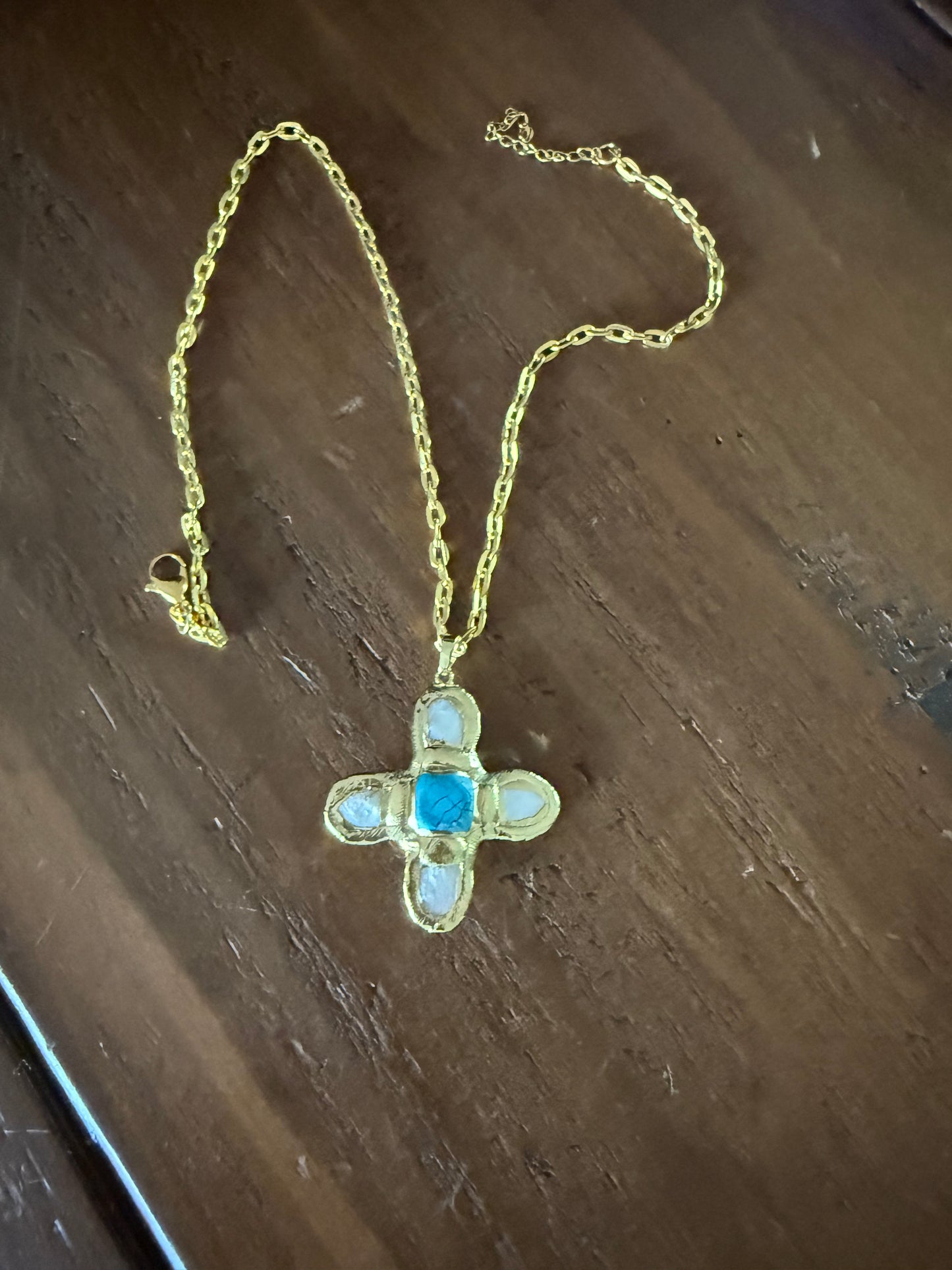 pearl and turquoise chunky cross pendant