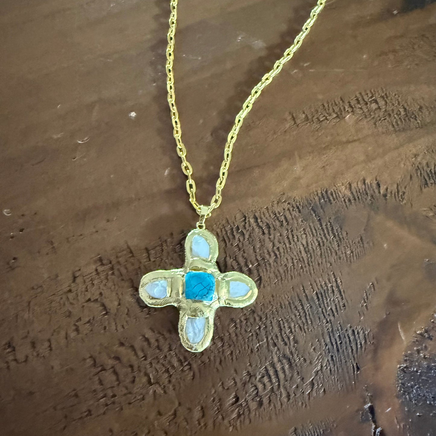 pearl and turquoise chunky cross pendant