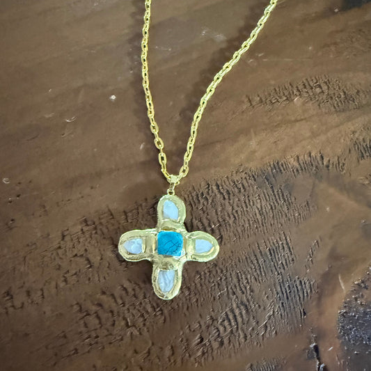 pearl and turquoise chunky cross pendant