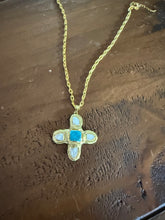 Load image into Gallery viewer, pearl and turquoise chunky cross pendant