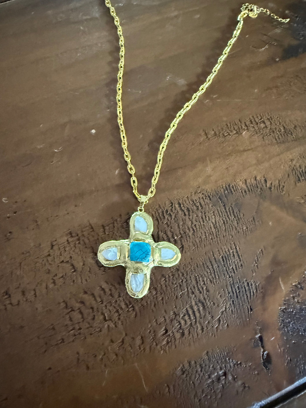 pearl and turquoise chunky cross pendant