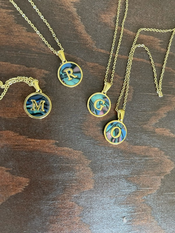 round abalone initial pendant necklace