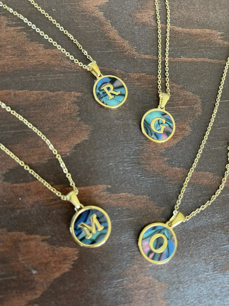round abalone initial pendant necklace