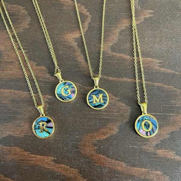 round abalone initial pendant necklace