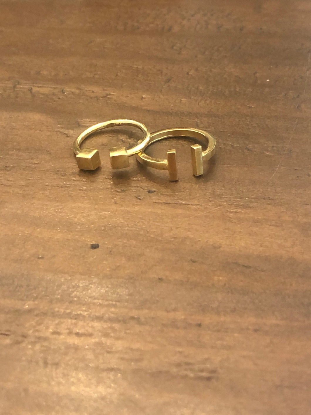 minimalist gold t-bar and cube rings