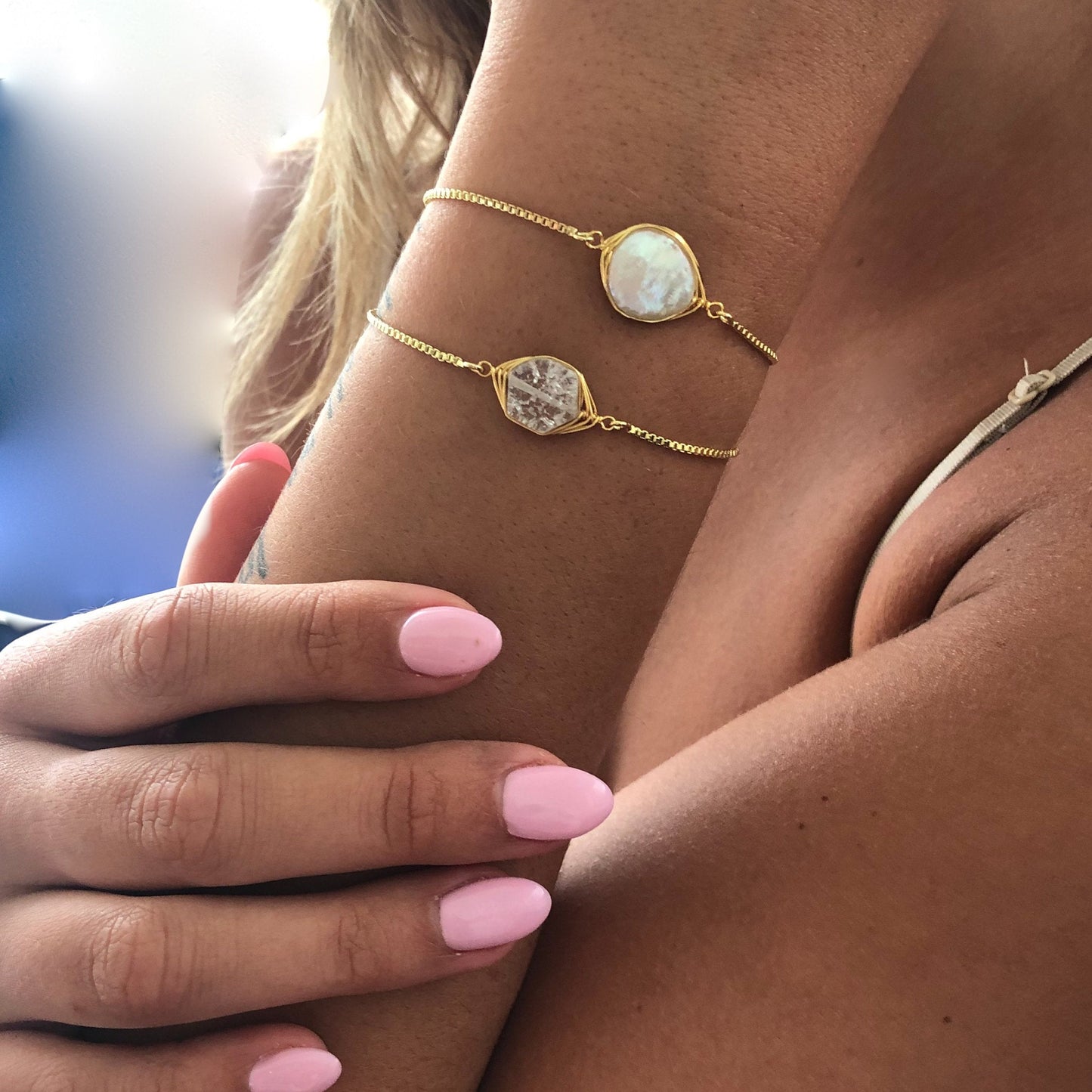 pearl bracelet. crystal bracelet. slider bracelet. adjustable gold bracelet
